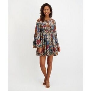 NWT Kensie Floral Boho Printed Chiffon Dress Long Sleeve Smocked Fit Flare‎ Sz 8